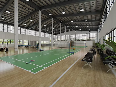 Spacious Indoor Basketball Gym With Green Court Floor White Lines Lighting Windows And Seating 3d model