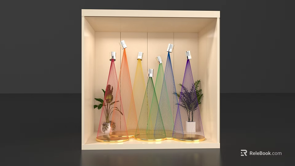 Colorful Cone Shaped Wire Structures With Plants In Illuminated Window 3d model 