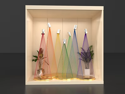 Colorful Cone Shaped Wire Structures With Plants In Illuminated Window 3d model