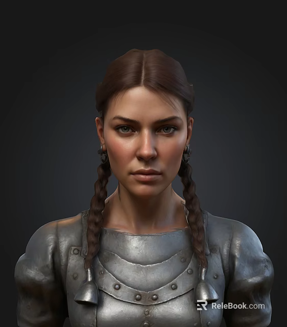 Female Character With Braided Hair In Silver Armor Against Dark Background 3d model 