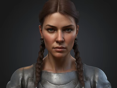Female Character With Braided Hair In Silver Armor Against Dark Background 3d model