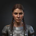 Female Character With Braided Hair In Silver Armor Against Dark Background