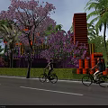 Orange Container Building with Purple Trees Palm Trees and People Riding Bicycles by Roadside