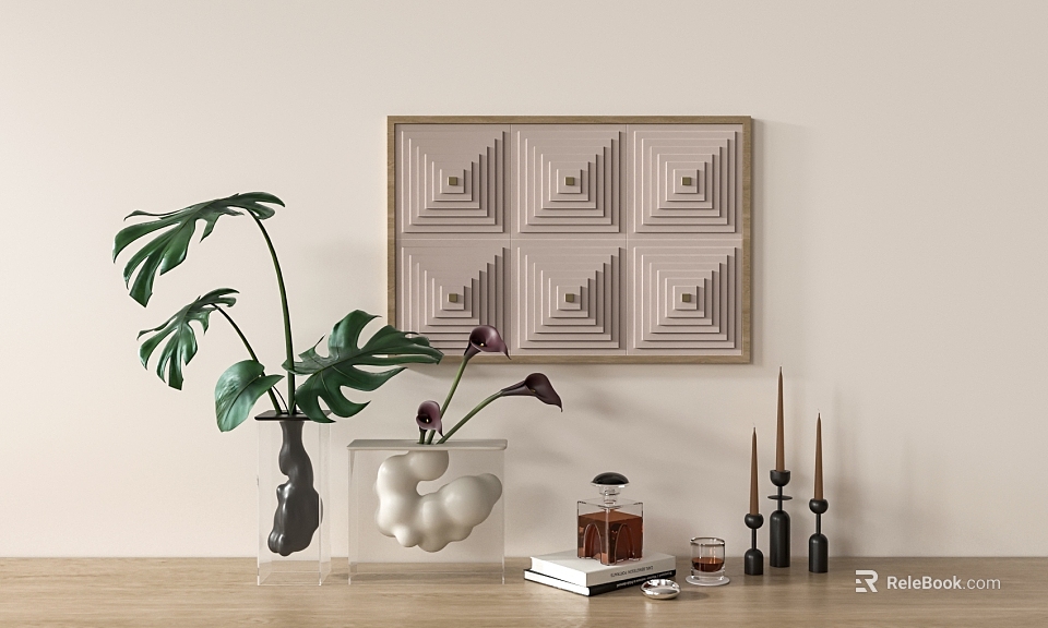 Modern Decorative Ornaments Set with Green Plants Geometric Art Clear Vase and Candle Holders 3d model 