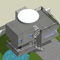 Modern Detached Villa Featuring Concrete Structure Large Windows Balcony Staircase And Green Lawn
