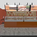 Vibrant Food Shop Interior With Orange Walls Glass Display Case Wooden Shelves And Marble Floor