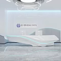 Modern Tech Exhibition Hall With Circular Ceiling Lamp Digital Screens And Curved White Reception Desk