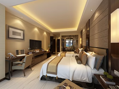 Hotel Guest Room Interior With Twin Beds Work Desk TV And Modern Decorative Lighting 3d model