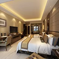 Hotel Guest Room Interior With Twin Beds Work Desk TV And Modern Decorative Lighting