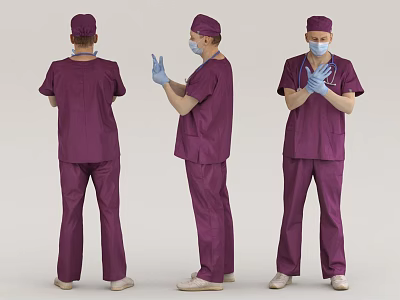 Men Wearing Purple Medical Scrubs Caps And Masks In Different Poses 3d model