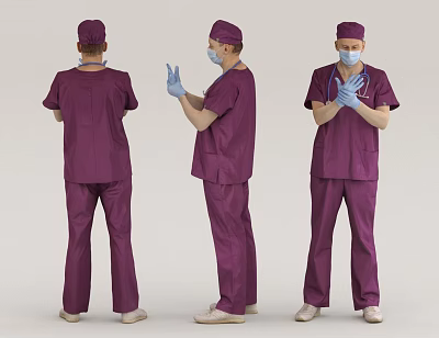 Men Wearing Purple Medical Scrubs Caps And Masks In Different Poses 3d model