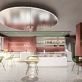 Modern Honey Room Dessert Shop Interior Featuring Red Walls Green Chairs And Counter Lighting