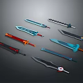 Decorative Colorful Swords Featuring Red Blue Black Blades Orange White Accents And Multiple Rings