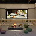 Home Theater Interior Design With Large Screen Fire Pit Sofas And Round Cushions 3d model