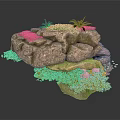 Modern Decorative Floating Rock Formation With Green Vegetation And Palm Trees