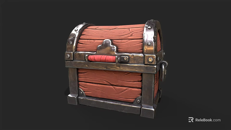 Vintage Wooden Storage Chest With Metal Frame And Red Handle 3d model 