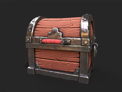 Vintage Wooden Storage Chest With Metal Frame And Red Handle 3d model