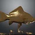 Golden Fish With Detailed Scaled Texture Shiny Metallic Decorative Sculpture On Dark Background