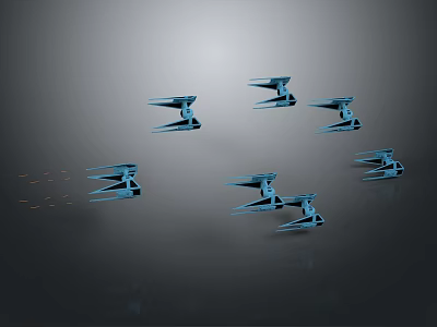 Multiple Blue Modern Chandeliers Hanging In Dark Background Interior Space 3d model