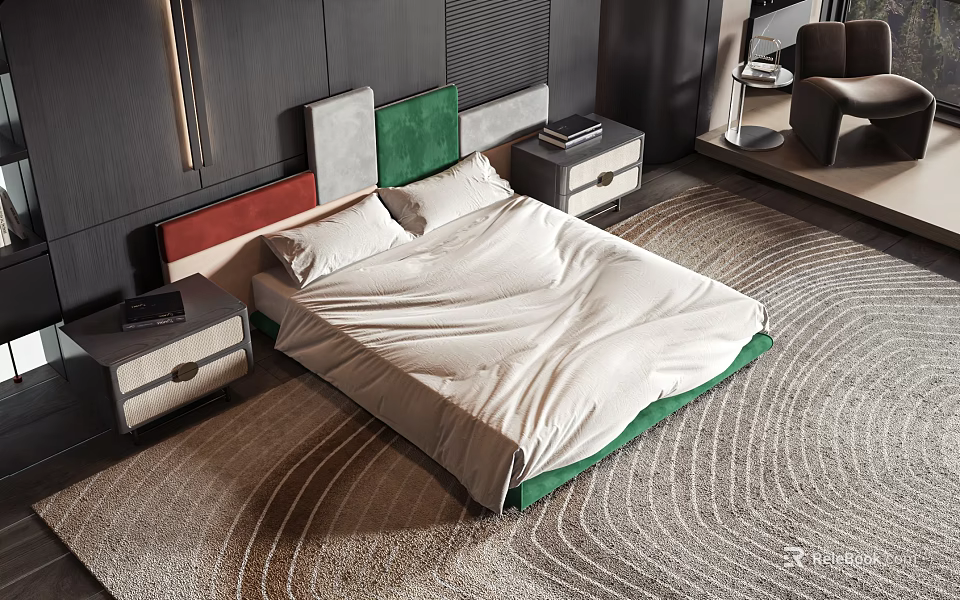 Modern Double Bed With Multicolor Panel Headboard And Wooden Nightstands On Patterned Floor Rug 3d model 