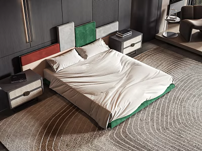 Modern Double Bed With Multicolor Panel Headboard And Wooden Nightstands On Patterned Floor Rug 3d model