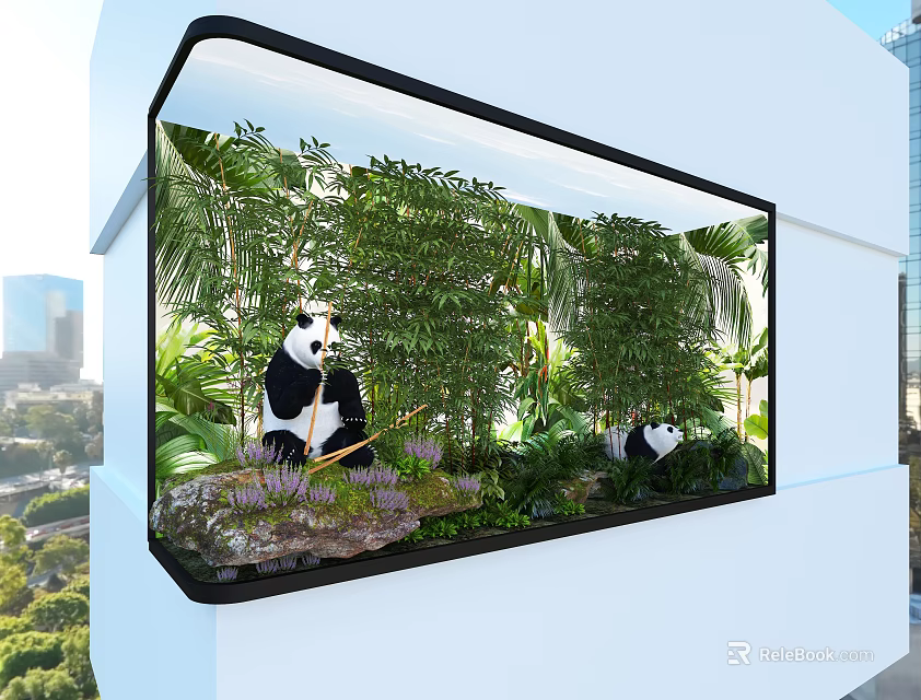 Large Computer Display Screen Showing Pandas In Bamboo Forest With Cityscape On Modern Building Wall 3d model 