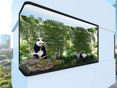 Large Computer Display Screen Showing Pandas In Bamboo Forest With Cityscape On Modern Building Wall 3d model