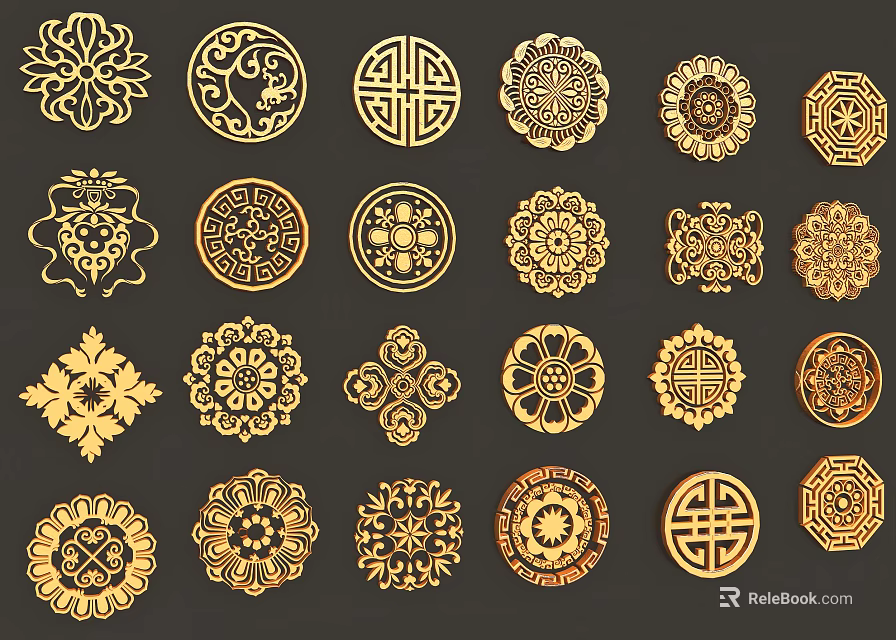 Golden Decorative Carvings With Various Intricate Traditional Patterns And Ornamental Motifs 3d model 