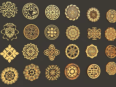 Golden Decorative Carvings With Various Intricate Traditional Patterns And Ornamental Motifs 3d model