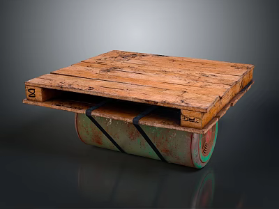 Rustic Table Crafted From Wooden Pallet Top And Rusty Metal Barrel Base 3d model