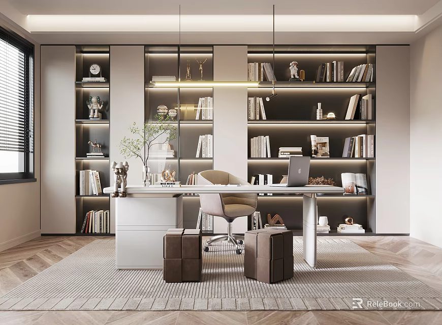 Modern Home Office Interior With Built In Bookshelves Books Decorations Desk Chair And Area Rug 3d model 
