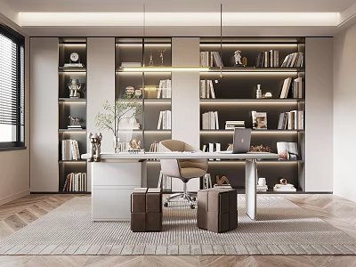 Modern Home Office Interior With Built In Bookshelves Books Decorations Desk Chair And Area Rug 3d model