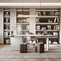 Modern Home Office Interior With Built In Bookshelves Books Decorations Desk Chair And Area Rug