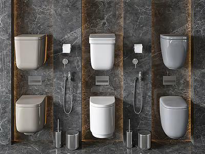 Modern Wall Mounted Toilets in White and Gray with Stone Wall Interior Design 3d model