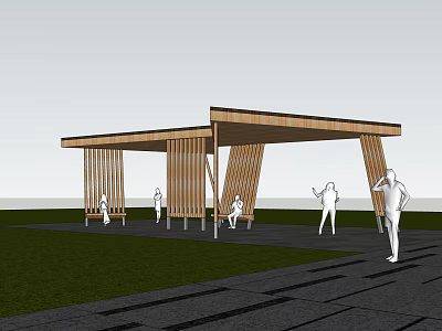 Modern Outdoor Wooden Pergola Design With People Underneath Grass And Paved Ground 3d model