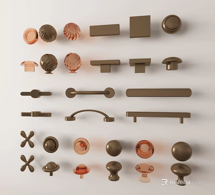 Elegant Collection of Various Stylish Door Handles with Decorative Shapes and Metallic Finishes 3d model 