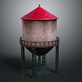 Water Tower Equipment With Red Roof Beige Body And Green Support Legs