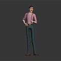 3D Male Character Model Wearing Pink Shirt And Blue Suspenders Standing On Gray Background