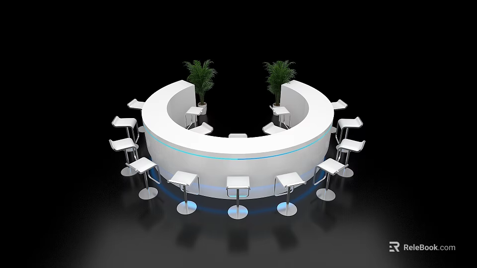 Circular White Bar Counter With High Stools Green Plants And Blue Base Lighting 3d model 
