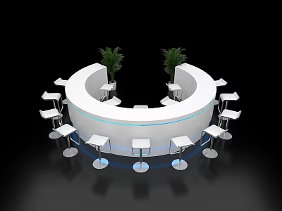 Circular White Bar Counter With High Stools Green Plants And Blue Base Lighting 3d model