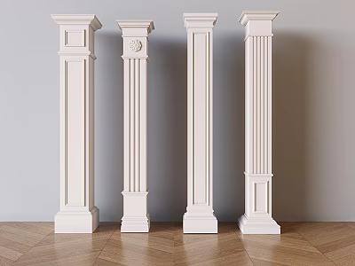 Four White Decorative Columns in Interior with Wooden Floor and Light Gray Wall 3d model
