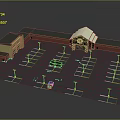 Cartoon Scene Of Parking Lot With Buildings Parking Spaces Small Green Area And Lampposts
