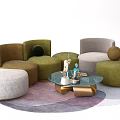 Modern Sectional Sofa Setup With Green Beige Ottomans Glass Coffee Table Decorative Items On Rug