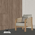 Modern Light Gray Fabric Armchair with Wooden Frame Woven Armrests and Plaid Cushion
