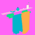 Golden Towel Rack With Glass Shelf Holding Soap Perfume Bottle And Colorful Towels