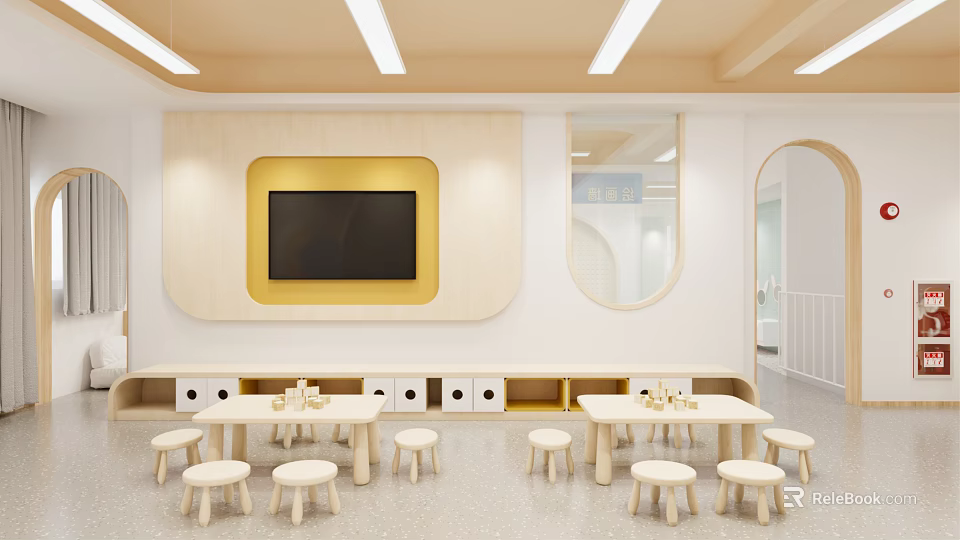 Bright Kindergarten Classroom Featuring Wooden Tables Chairs TV And Round Windows 3d model 