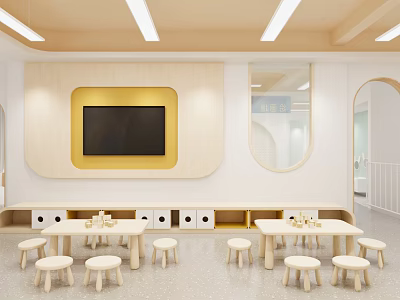 Bright Kindergarten Classroom Featuring Wooden Tables Chairs TV And Round Windows 3d model