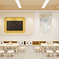 Bright Kindergarten Classroom Featuring Wooden Tables Chairs TV And Round Windows