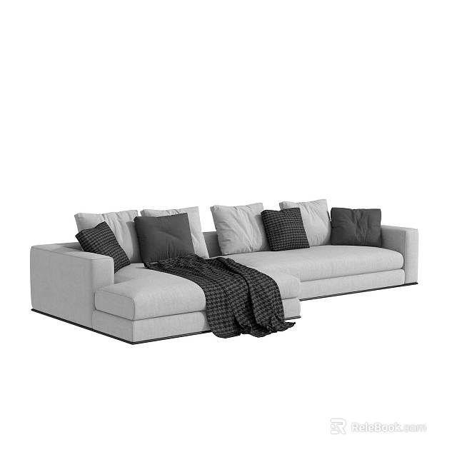Modern Gray Sectional Sofa With Multiple Cushions And Plaid Throw Blanket 3d model 