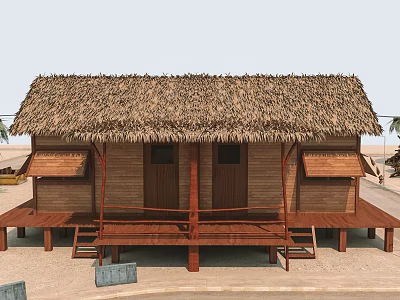 Traditional Thatched House with Wooden Structure Front Porch Steps and Natural Thatch Roof 3d model